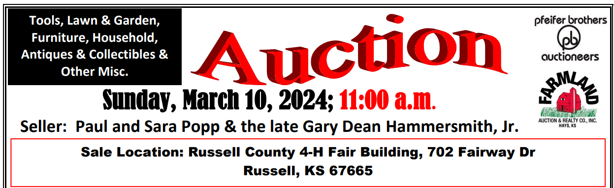 Auction flyer for Personal Property: Sunday, March 10th, 2024; 11:00 a.m.