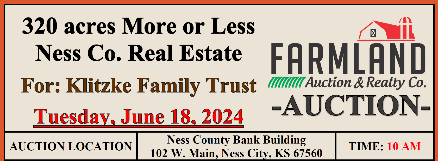 Auction flyer for **UNDER CONTRACT** AUCTION: 320 acres +/- Ness Co. Real Estate