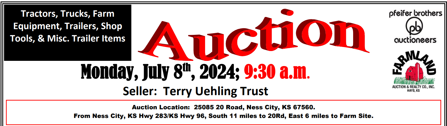 Auction flyer for Farm Machinery Auction: Monday, July 8th, 2024; 9:30 a.m.