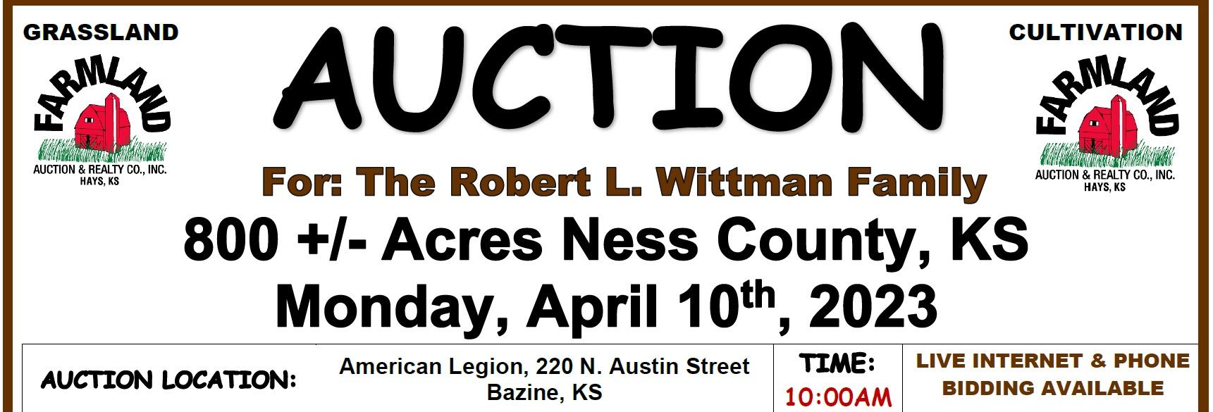 Auction flyer for *SOLD* Auction 800 +/ Acres Ness County, KS