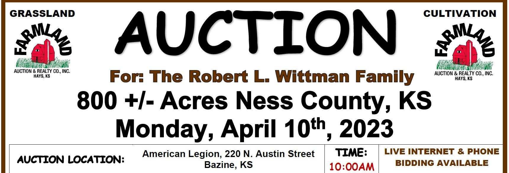 Auction flyer for *SOLD* Auction: 800 +/- Acres Ness County, KS