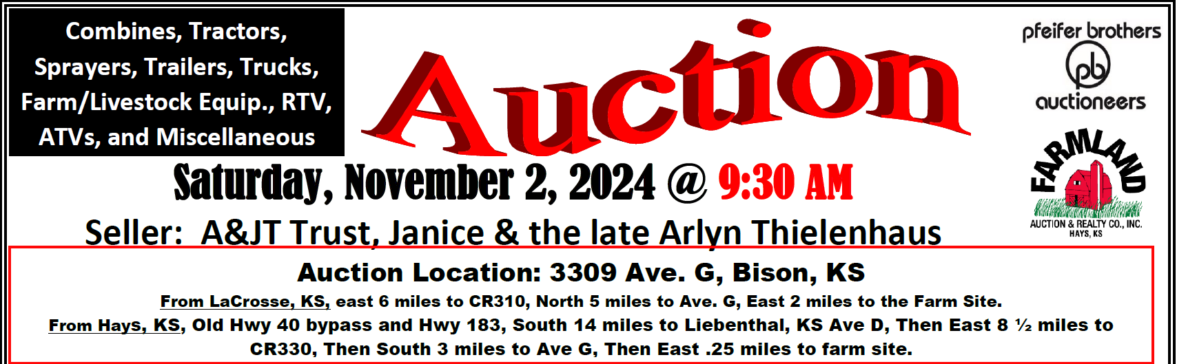 Auction flyer for **Exceptional Upcoming Farm Machinery Sale** Saturday, November 2, 2024 @ 9:30 AM