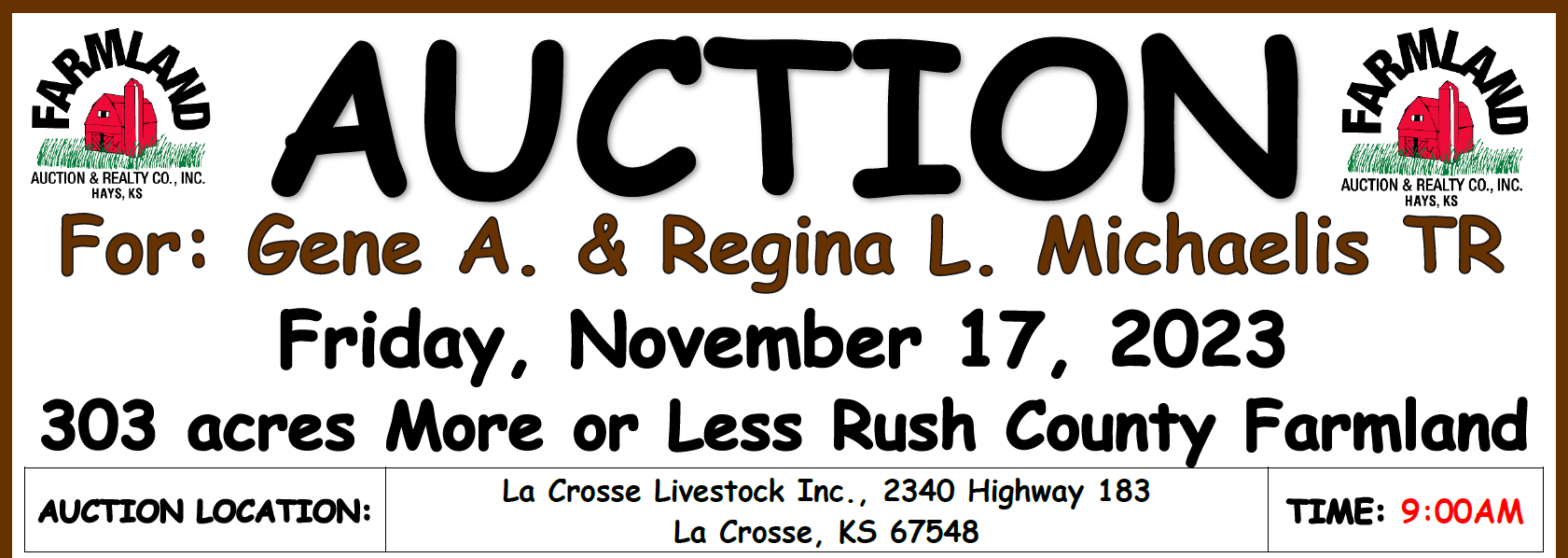 Auction flyer for **SOLD ** Auction: 303 Acres +/- Rush County Farmland