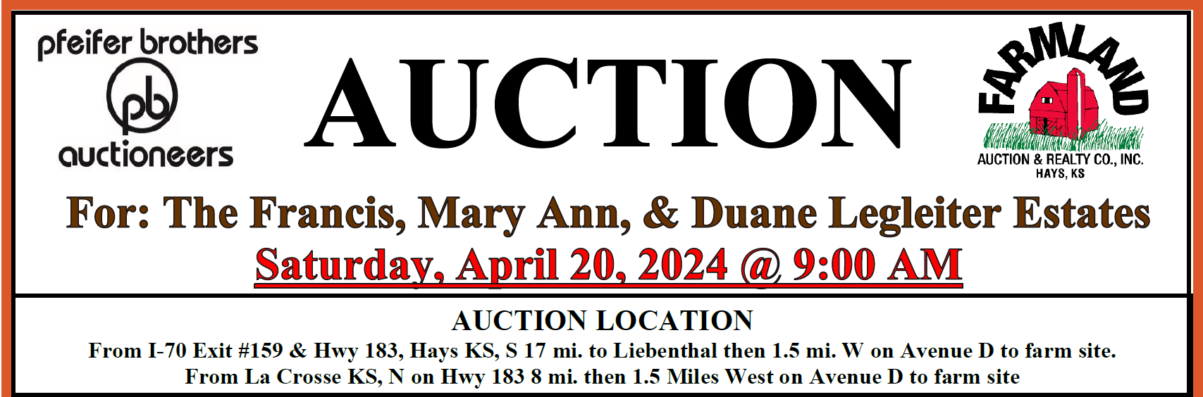 Auction flyer for Farm Machinery Sale/Personal Property: Saturday, April 20th, 2024; 9:00 a.m.