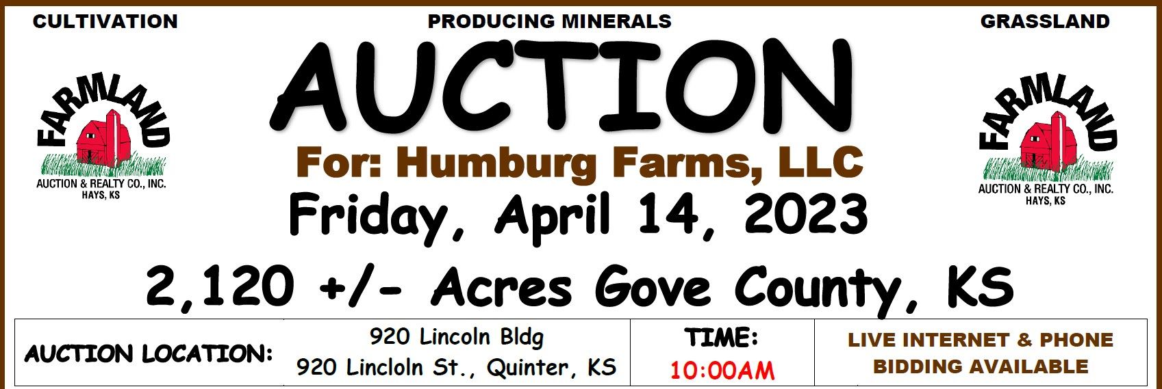 Auction flyer for *SOLD* 2,120 +/- Acres Gove County, KS