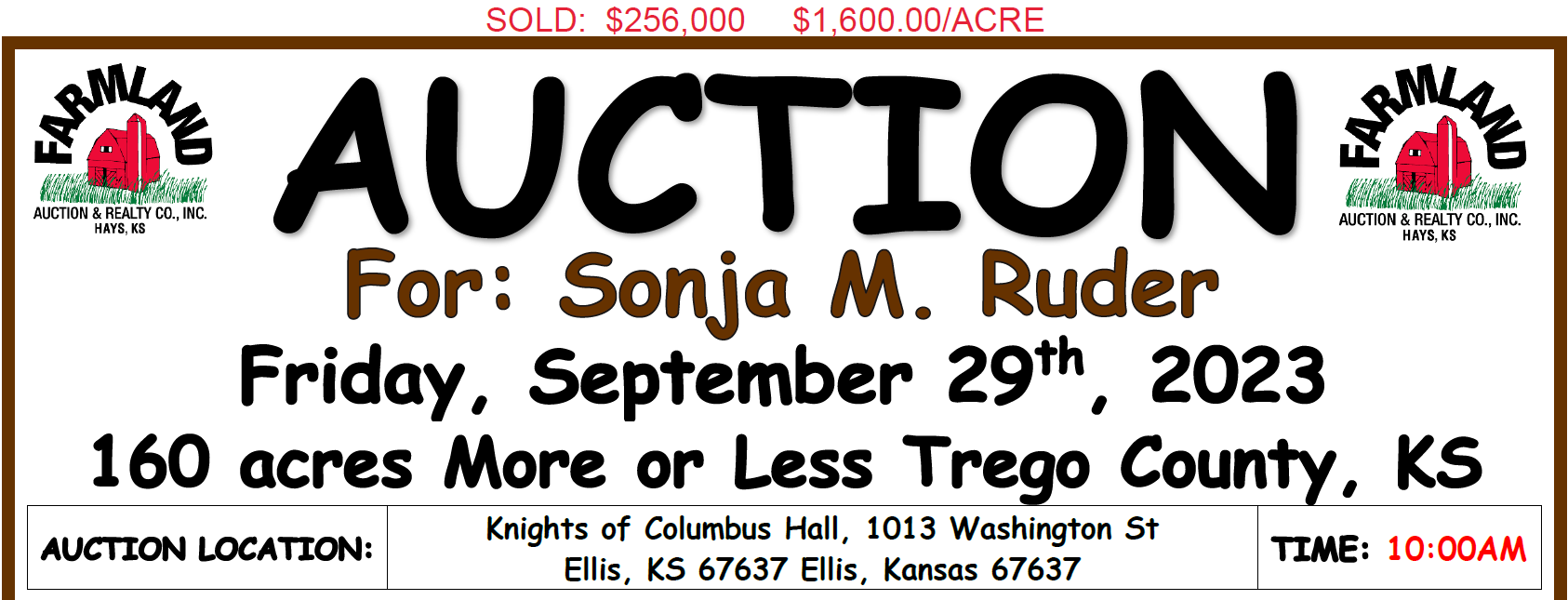 Auction flyer for **SOLD** Auction: 160 +/- Acres Trego County, Kansas